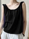 Women Solid Crew Neck Pleated Casual Sleeveless Tank Top - Black