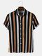 Mens Stripe Lapel Button Up Casual Short Sleeve Shirts - Black