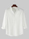 Mens Linen Solid Color Simple Stand Collar Long Sleeve Shirts With Pocket - White