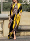 Leopard Contrast Color Pocket Maxi Button Down Shirt Dress - Yellow
