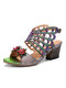 SOCOFY Leather Floral Cutout Butterfly Wings Buckle Slingback Block Heel Sandals - Grey