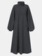 Solid Color Pocket Long Sleeve Slit Hem Loose Plush Dress - Gray
