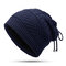 Men Women Winter Adjustable Warm Vogue Wool Stripe Knit Hat Outdoor Home Beanie Scarf Dual Use - Navy