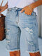 Ripped Mid Waist Pocket Wash Cropped Denim Jeans for Women - Blue