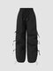 Cut Out Side Tie Drawstring Waist Pocket Solid Pants - Black