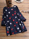 Casual Floral Printed Pocket Button Long Sleeve V-Neck Blouse - Navy