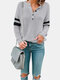 Patchwork Button Long Sleeve Casual T-Shirt For Women - Gray
