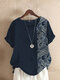 Blusa feminina manga curta estampa paisley étnica patchwork de algodão - Marinha