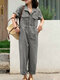 Solid Belt Pocket Button Front Lapel Short Sleeve Jumpsuit - Gray