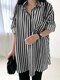Stripe Pattern Loose Lapel Button Long Sleeve Shirt - Black