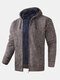 Mens Zip Front Knitted Plush Lined Warm Drawstring Hooded Cardigans - Coffee