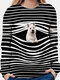 Dog Stripe Print Long Sleeve O-neck Casual T-shirt For Women - Black