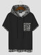 Mens Monochrome Geometric Print Splice Texture Short Sleeve Hooded T-Shirts - Black