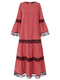 女性のためのレースパッチワークベルスリーブPlusサイズのロングドレス - 赤