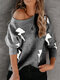 女性のためのプリントOネック長袖カジュアルセーター - 濃い灰色