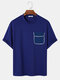 Mens Contrast Flap Pocket Crew Neck Loose Short Sleeve T-Shirts - Blue