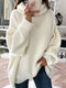 Women Solid Color High Neck Lantern Sleeves Casual Sweater - White