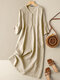 Solid V-neck 3/4 Sleeve Button Casual Dress - Khaki