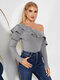 Solid Long Sleeve Off Shoulder Ruffle Knit T-shirt For Women - Gray