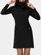 Solid Pocket Buttton Long Sleeve Turtleneck Casual Dress - Black