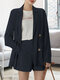 Solid Long Sleeve Button Front Pocket Two Pieces Suit - Navy