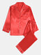 Mens Luxury Satin Faux Silk Pajamas Smooth Loose Solid Color Home Sleepwear Sets - Red