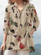 Plants Print Pocket Button Stand Collar 3/4 Sleeve Blouse - Apricot