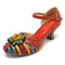 SOCOFY Elegant Floral Colorful Genuine Leather Splicing Winebowl Heel Fisherman Sandals - Red