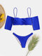 Women Bikini Off Shoulder Short Sleeves Swimsuit - Royal Blue