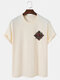 Mens Ethnic Geometric Chest Print Short Sleeve Cotton T-Shirts - Beige
