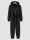 Solid Color Zip Front Drawstring Knotted Hooded Jumpsuit - Black