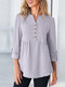 Solid Button Front Pleated Long Sleeve Casual Blouse - Gray