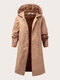 Plus Size Vintage Fleece Single Breasted Solid Pocket Hooded Coat - Khaki