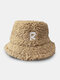 Unisex Teddy Cashmere Letter Patch Thickened Autumn Winter Warmth Fashion Bucket Hat - Khaki