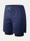2 In 1 Compression Liner Mesh Breathable Running Gym Shorts With Zipper Pocket - Navy
