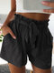 Solid Color Ruffle Elastic Waist Belt Shorts - Black