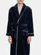Men Flannel Warm Lapel Collar Pajamas Belted Lounge Robe - Navy
