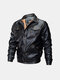 Mens Casual Moto Leather Jacket Multi Pockets Thicken Fleece Jacket - Black