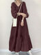 Solid Tiered Pleated V-Neck Casual Puff Sleeve Dress - Wine Red