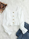 Solid Shirred Button Ruffle Square Collar Long Sleeve Blouse - White