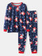 Women Santa Claus Snowflake Print Round Neck Loose Jogger Pants Home Pajamas Set - Navy