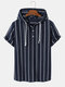 Mens 100% Cotton Stripe Short Sleeve Drawstring Hoodie Casual Hooded T-Shirts - Navy
