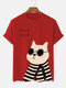 Mens Cartoon Cat Japanese Print Crew Neck Short Sleeve T-Shirts Winter - Red