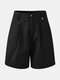 Solid Color Plain Button Pocket Casual Shorts for Women - Black