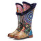 SOCOFY Bohemia Terry Embroidery Floral Genuine Leather Warmed Lined Mid-calf Boots - Blue