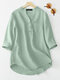 Solid Pocket Button Half Placket 3/4 Sleeve Casual Blouse - Green