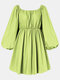 Solid Color Square Collar Long Sleeve Casual Dress For Women - Green