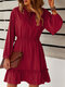 Solid Elastic Waist Ruffle Tie Front Long Sleeve Casual Dress - Wine Red