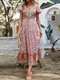 Bohemian Short Sleeve V-neck Drawstring Button Floral Print Holiday Dress - Pink