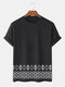 Mens Monochrome Ethnic Geometric Print Crew Neck Short Sleeve T-Shirts Winter - Black